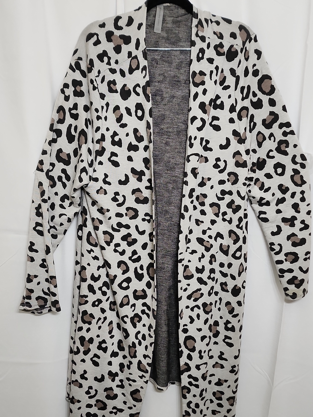 Open-Front Leopard Print Long Cardigan - Gray Loose Fit